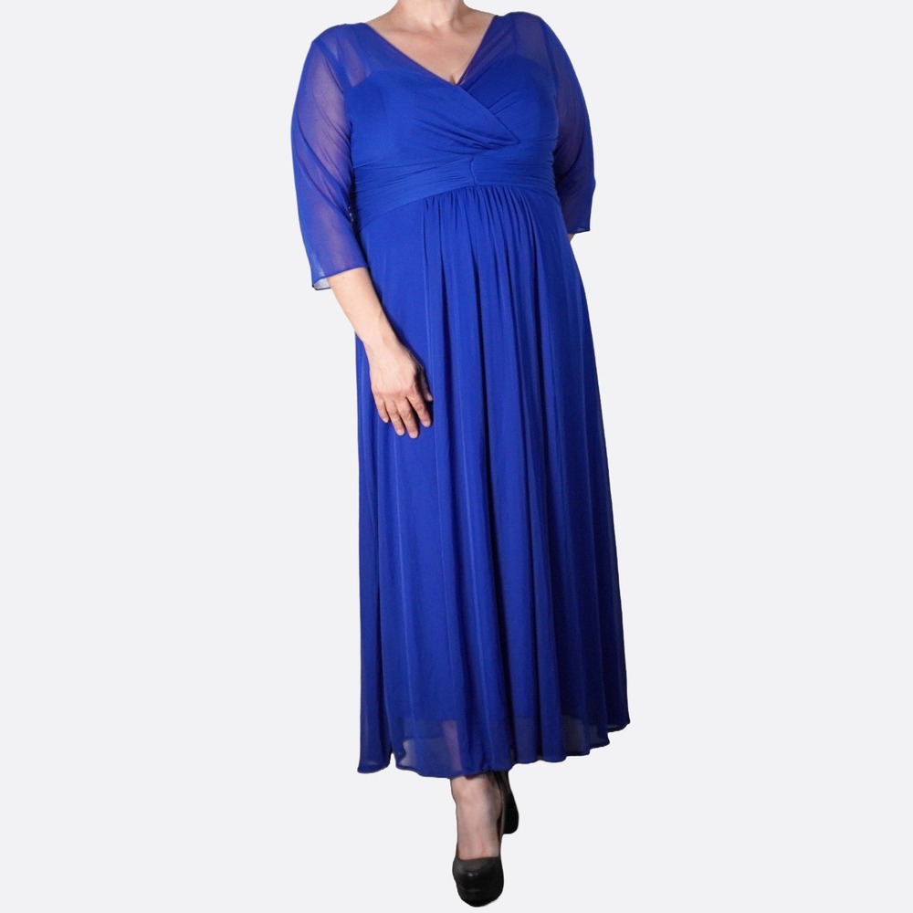 Cindy Ruched Empire Waist Maxi Dress XXL 2X Royal Blue Mesh Sleeve Gown